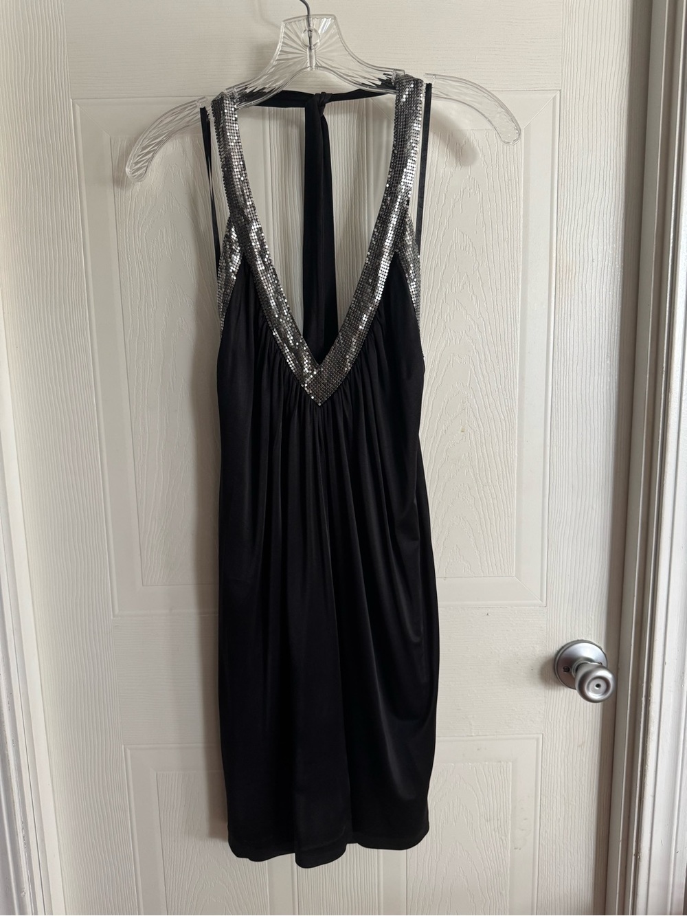 Vintage Y2K BCBGMAXAZRIA Black Cowl Halter Dress Silver Metal Mesh XS